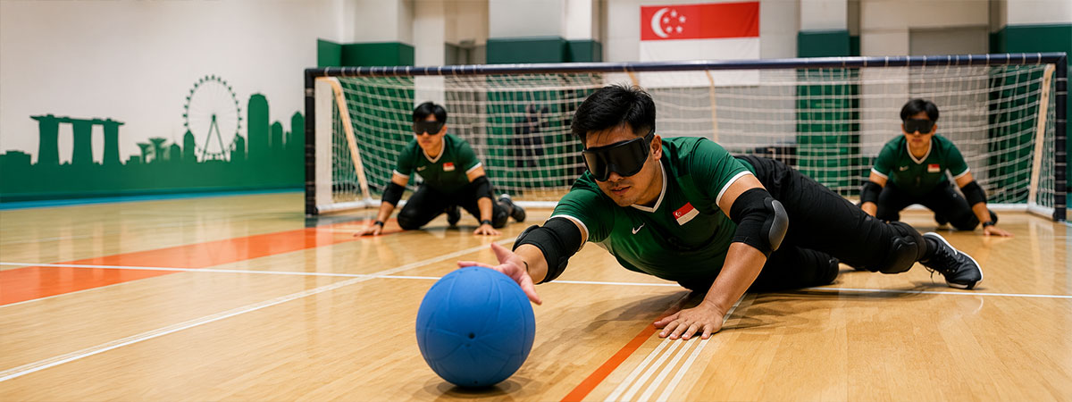 Three blindfolded Goalball players in green jerseys compete on an indoor court in Singapore, reaching for a blue ball.
