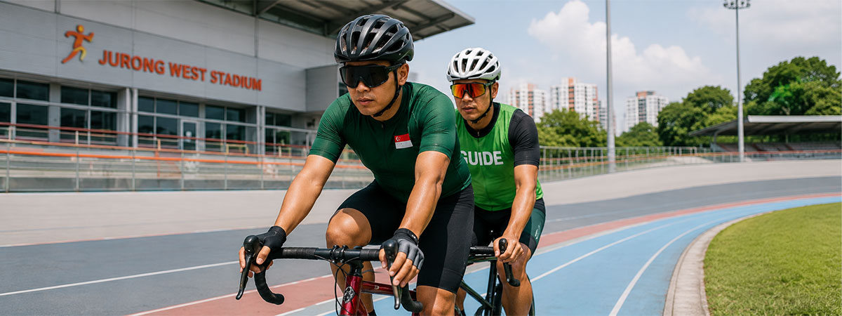 A visually impaired cyclist and guide ride a tandem bicycle on an outdoor track at Jurong West Stadium.