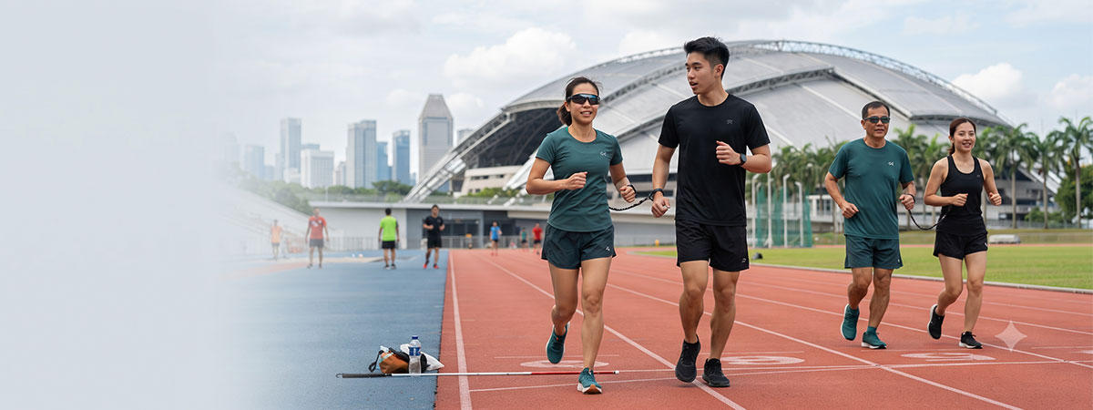 A guided running group trains on a red track with the Singapore skyline behind them. Two visually impaired runners are tethered to sighted guides in the foreground. A folded white cane rests on the track.