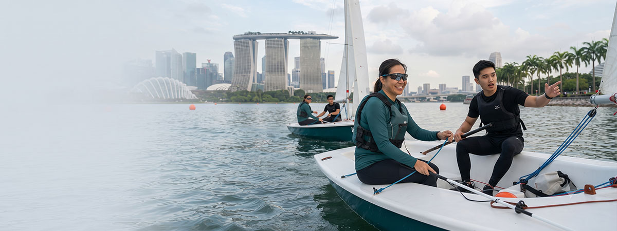 Inclusive Sailability sailing in Marina Bay, Singapore, with the city skyline in the background. Two boats with guides.
