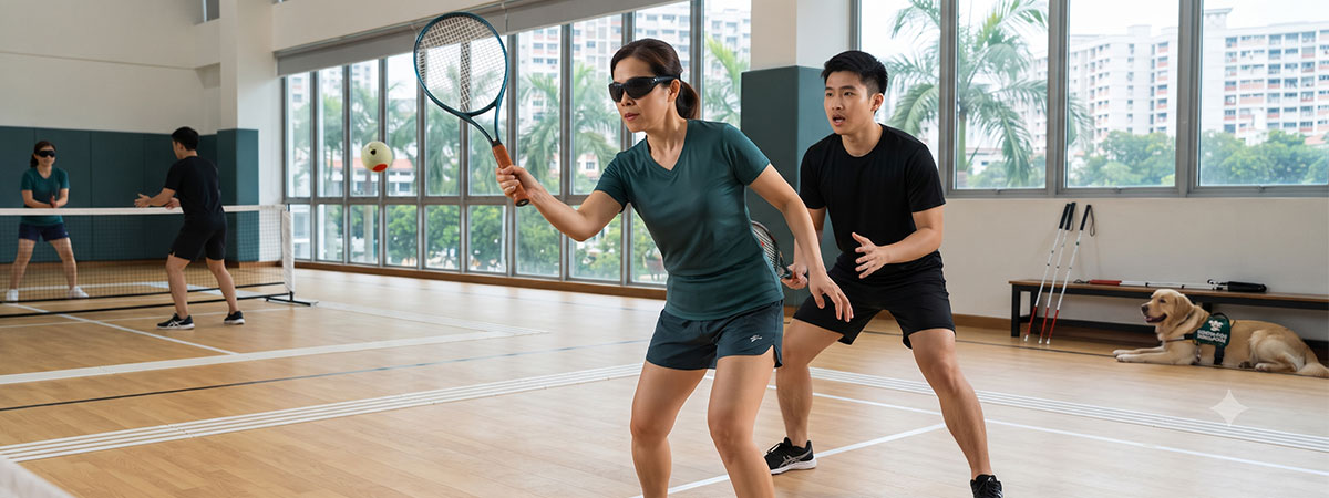 People play blind tennis in an indoor court. One player is guided by a coach, while a guide dog waits nearby.