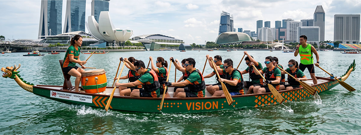 A vision-impaired dragon boat team paddles in Marina Bay, Singapore, with a drummer and guide.
