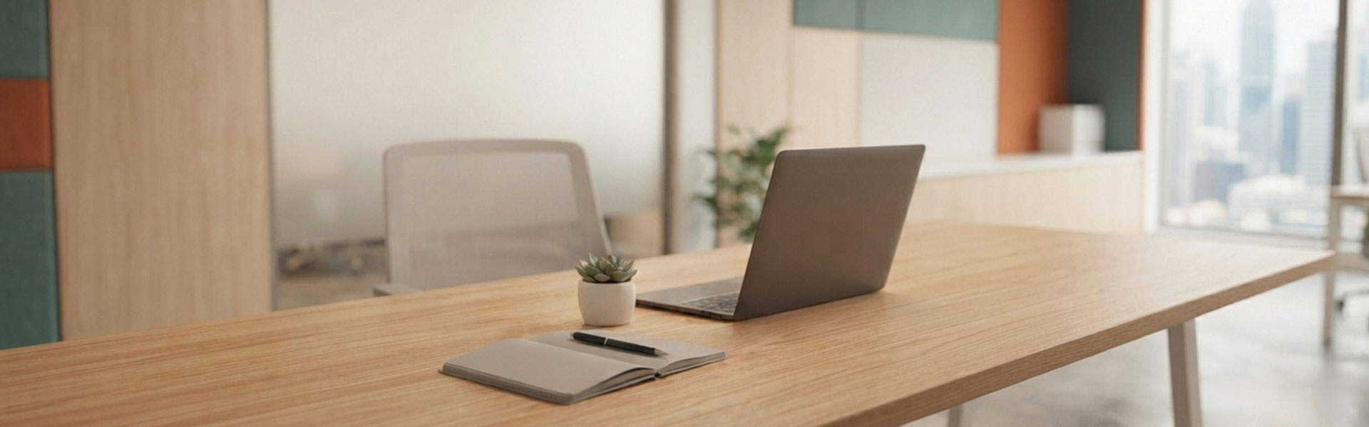 Modern minimalist office desk with laptop, succulent, and notebook. Teal and orange acoustic panels on background wall.