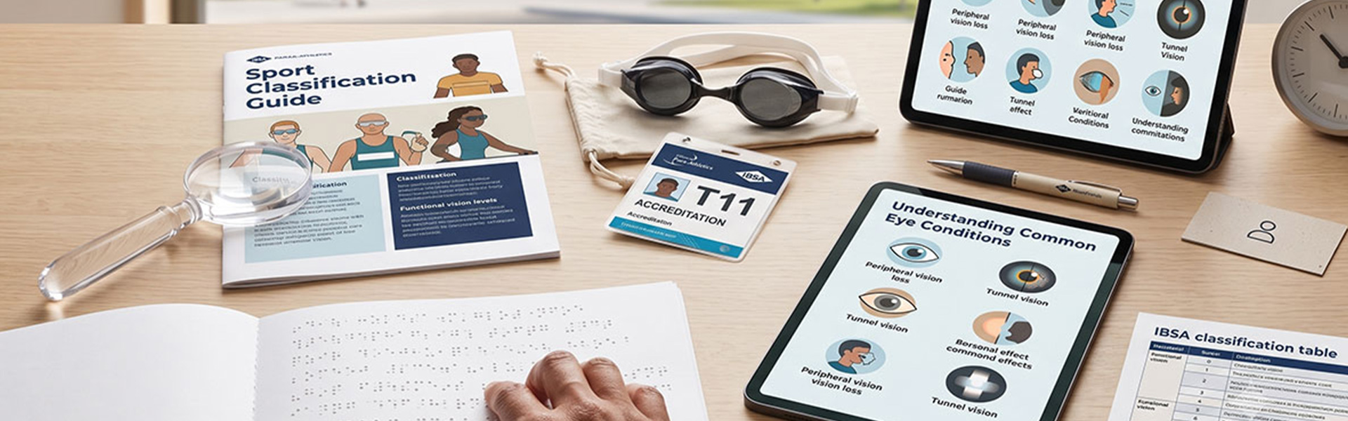 A desk with two tablets displaying eye conditions, a sports classification guide, an accreditation badge, swim goggles, and hands reading a braille book.