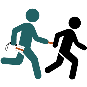 Icon of a volunteer guide runner tethered to a visually impaired runner, holding a folded white cane.