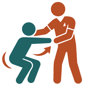 Icon of a fitness trainer guiding a person doing a squat, showing hands-on assistance and proper form instruction.