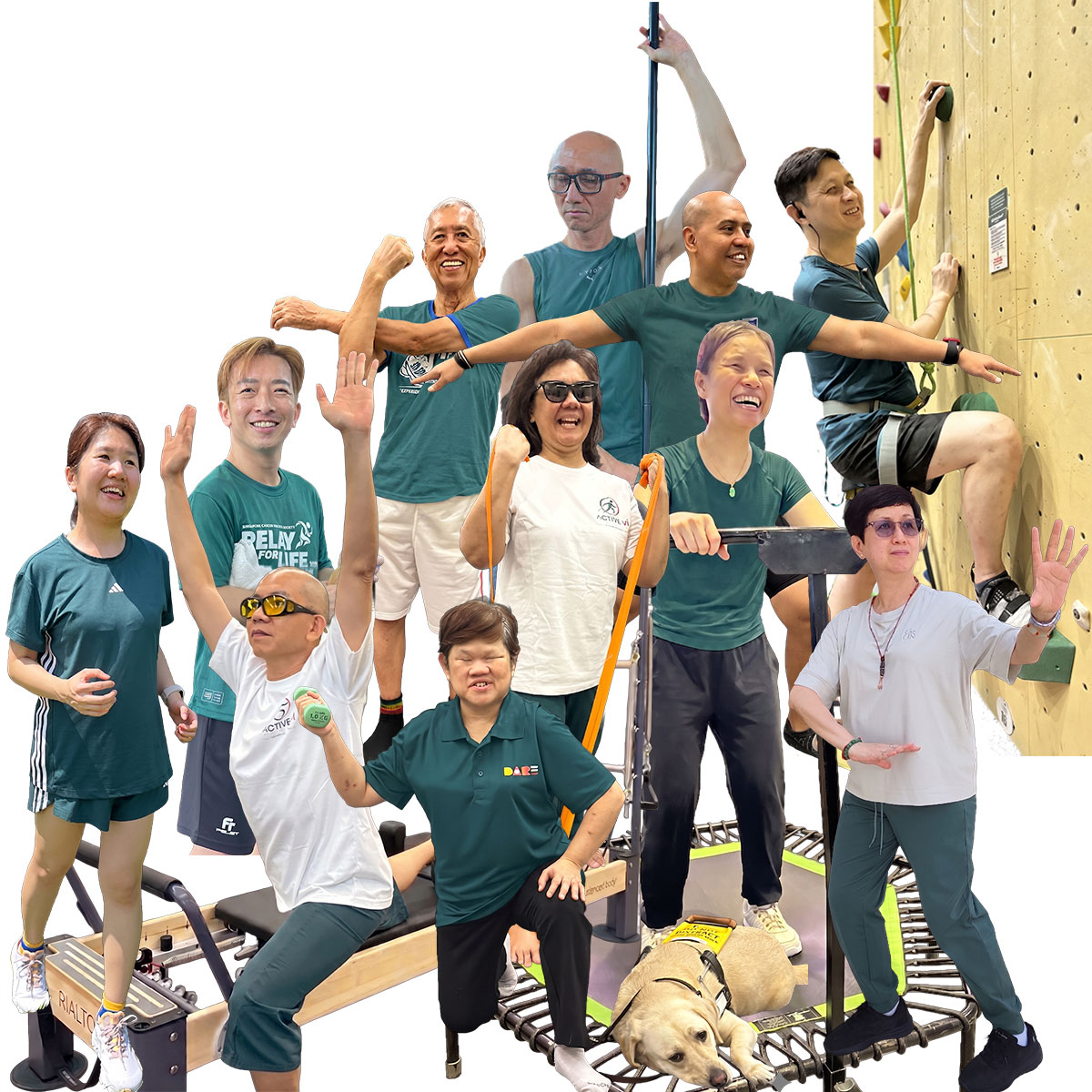 Collage of smiling visually impaired individuals exercising, rock climbing, and doing Pilates. A guide dog rests on a mini-trampoline.