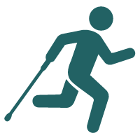 Graphic icon of a person with a vision impairment running while holding a white cane.