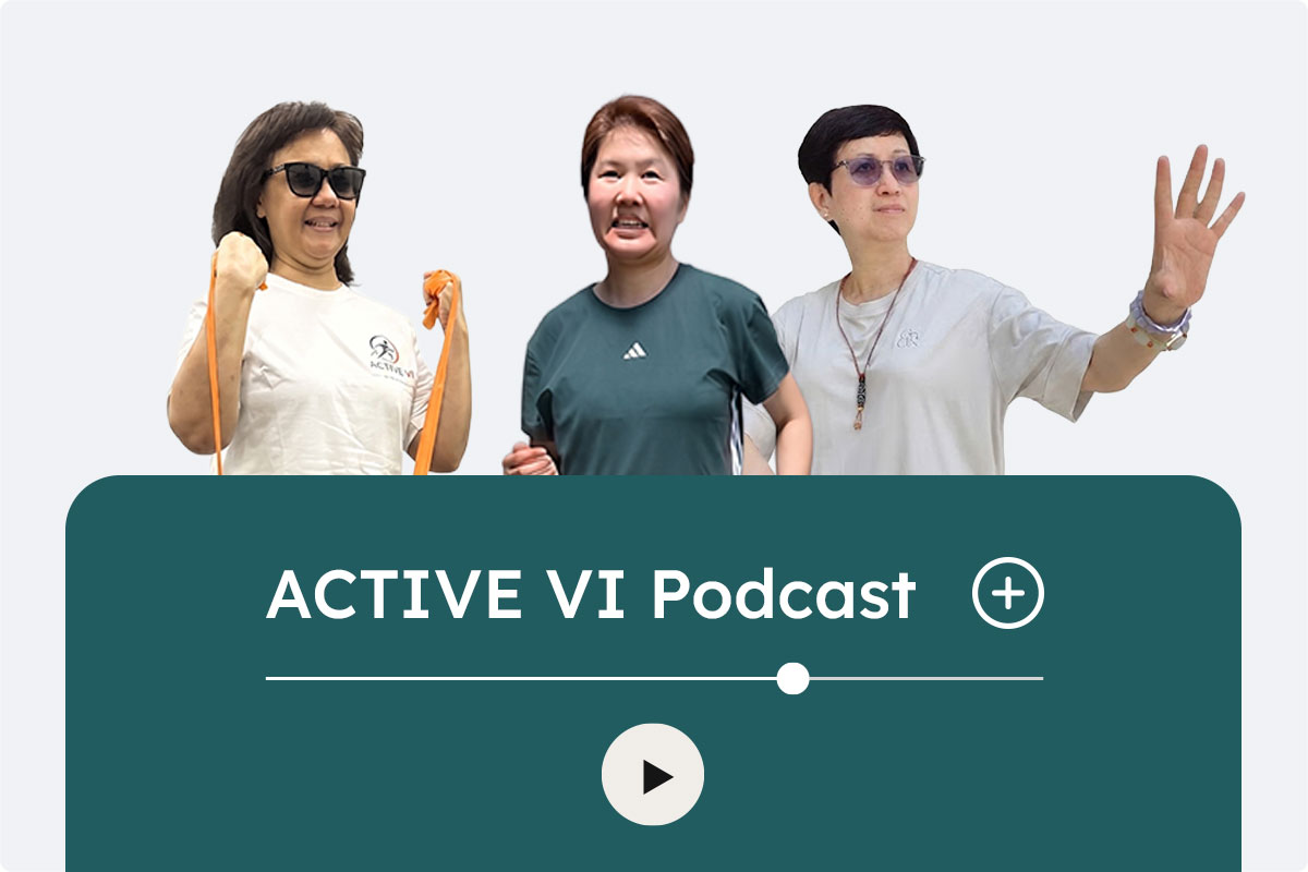 sherri, verlyn and pei yeung in different exercise poses in three different circles. In the centre, there is a podcast icon