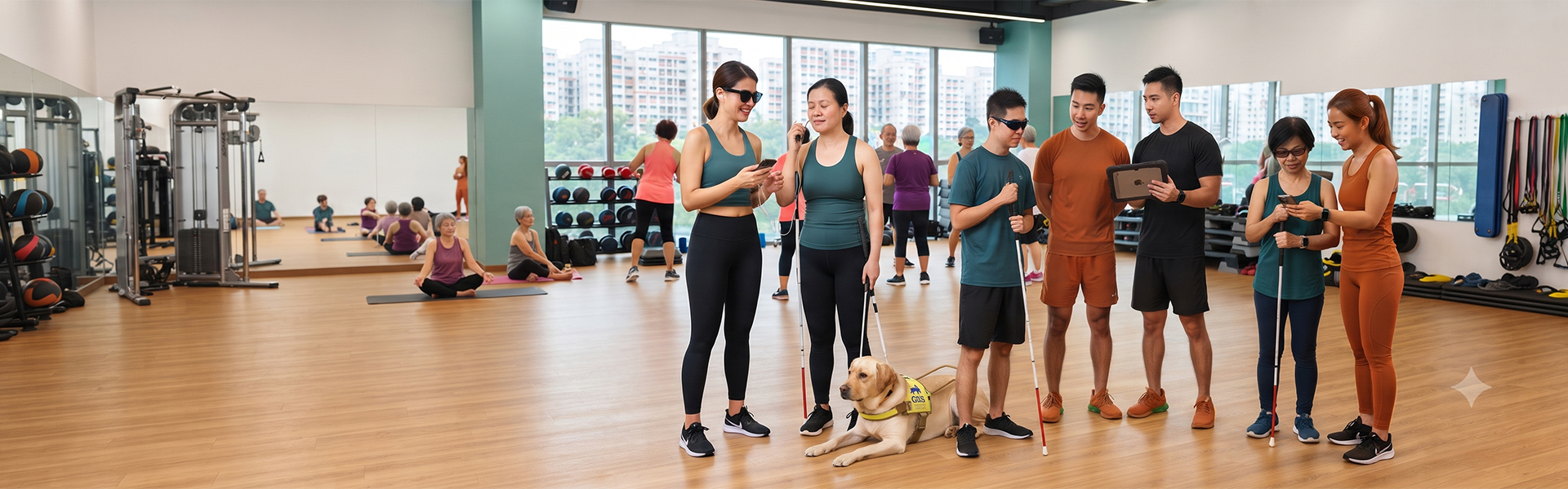 A diverse group gathers in an inclusive gym. Visually impaired individuals, some with white canes and a guide dog, interact with instructors and volunteers using a tablet and mobile phones.